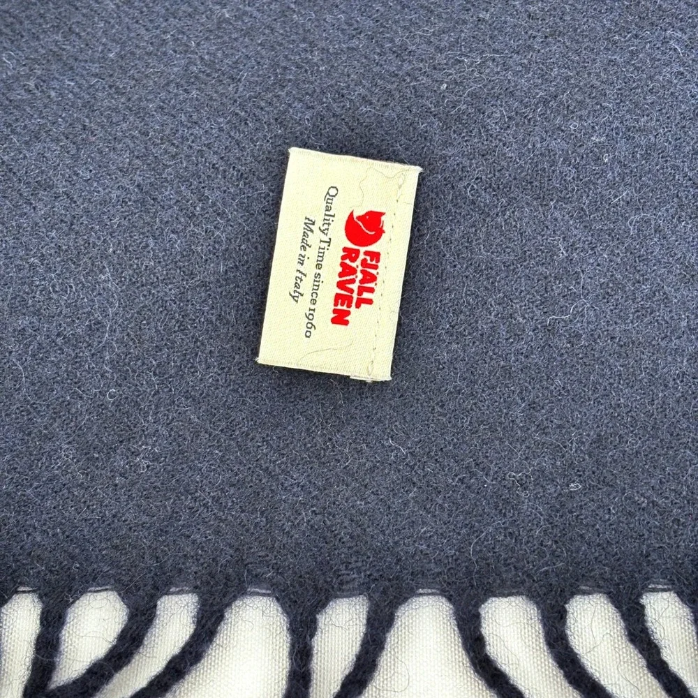 Fjallraven Wool Scarf Fringe Solid Navy Leather Patch Unisex 81 in